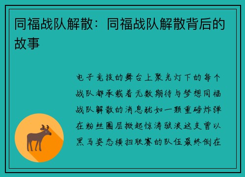同福战队解散：同福战队解散背后的故事